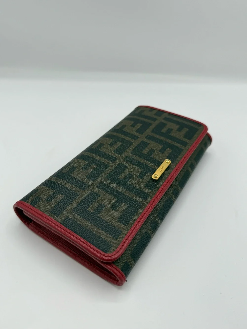 Fendi Brown FF Canvas Continental Wallet with Red Trim